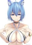  1girl ahoge animal_ear_fluff animal_ears animare blue_eyes blue_hair breasts closed_mouth collarbone ear_piercing eyebrows_visible_through_hair hair_between_eyes highres kichihachi large_breasts looking_at_viewer piercing short_hair simple_background smile solo souya_ichika twitter_username upper_body white_background 
