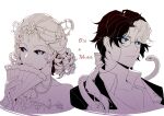  blue_eyes chain earrings glasses hair_ornament hand_fan highres holding holding_fan identity_v jewelry joseph_desaulniers kalianabokalisi light_smile mary_(identity_v) monochrome ponytail slit_pupils snake white_background 