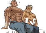  2boys abs arm_hair bald bara beard blue_pants blush brown_hair character_request chest_hair clothes_down cross_scar cup dark-skinned_male dark_skin drunk eyepatch facial_hair grin hairy holding holding_cup implied_yaoi large_pectorals looking_at_another male_focus mature_male mennsuke multiple_boys muscular muscular_male navel nipples on_bed overalls pants pectorals scar scar_on_face scar_on_forehead shirtless short_hair shoukan_yuusha_to_f-kei_kareshi sideburns sitting smile stomach stubble 