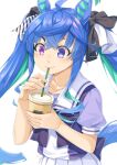  1girl @_@ ahoge animal_ears aqua_hair bangs black_bow blue_eyes blue_hair bow collarbone commentary cup disposable_cup drinking_straw eyebrows_visible_through_hair hair_between_eyes hair_bow heterochromia holding holding_cup horse_ears horse_girl horse_tail miri_(ago550421) multicolored_hair pleated_skirt puffy_short_sleeves puffy_sleeves purple_bow purple_eyes purple_shirt school_uniform shirt short_sleeves simple_background skirt solo tail thick_eyebrows tracen_school_uniform twin_turbo_(umamusume) twintails two-tone_hair umamusume white_background white_skirt 