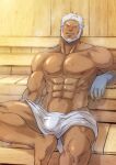  1boy abs aegir_(tokyo_houkago_summoners) aqua_hair bara bare_pectorals beard blue_eyes bulge come_hither dark-skinned_male dark_skin earrings facial_hair fingernails fins fish_boy foot_out_of_frame head_tilt jewelry katoributa_a large_pectorals looking_at_viewer male_focus mature_male multicolored_hair muscular muscular_male naked_towel navel nipples pectorals sauna seductive_smile sharp_fingernails short_hair single_earring smile smirk solo steam stomach streaked_hair sweat thighs tokyo_houkago_summoners towel white_hair 