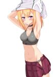  1girl armpits arms_up bangs bare_shoulders black_bra black_choker black_panties blonde_hair blush bra breasts chloe_(princess_connect!) choker cleavage closed_mouth collarbone eyebrows_visible_through_hair groin hair_between_eyes highres iseshi long_hair looking_at_viewer medium_breasts mouth_hold navel notice_lines open_clothes open_skirt panties pleated_skirt ponytail princess_connect! purple_eyes purple_skirt shirt sidelocks simple_background skirt solo underwear undressing white_background white_shirt 