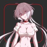  1girl axia-chan bare_shoulders breasts choker covered_nipples cowboy_shot dark_persona frown glowing glowing_eyes grey_background grey_hair groin hair_between_eyes head_tilt highres long_hair medium_breasts navel purple_eyes red_choker senki_zesshou_symphogear shaded_face solo twintails yukine_chris 