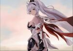  1girl antenna_hair armor back bangs bare_shoulders blue_eyes breasts cape closed_mouth cloud cloudy_sky earrings gauntlets hair_between_eyes hair_ornament honkai_(series) honkai_impact_3rd jewelry kiana_kaslana kiana_kaslana_(herrscher_of_flamescion) long_hair looking_at_viewer outdoors ponytail sideboob sky smile solo sunset white_hair yato_(yama0x1) 