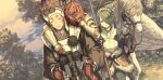  2girls arm_grab armor armored_skirt blood blood_on_weapon blue_ribbon breastplate brown_eyes brown_hair cloak commentary_request crying crying_with_eyes_open dated_commentary day dirty dirty_face duplicate elbow_gloves eyebrows_visible_through_hair fingerless_gloves fire_emblem fire_emblem_fates floating_hair from_side gloves hair_ornament hairband hana_(fire_emblem) harusame_(rueken) headband holding holding_sword holding_weapon horseback_riding japanese_armor japanese_clothes katana long_hair long_sleeves multiple_girls obi obijime open_mouth outdoors pegasus pink_eyes pink_hair pixel-perfect_duplicate ribbon riding sakura_(fire_emblem) sash short_hair standing sweatdrop sword tears two-tone_hairband vambraces wavy_hair weapon white_cloak white_gloves 