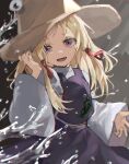  1girl absurdres animal_print blonde_hair brown_headwear frog_print gloves hair_ribbon hat highres kani_nyan long_hair long_sleeves moriya_suwako open_mouth purple_eyes purple_skirt purple_vest red_ribbon ribbon skirt skirt_set smile solo touhou vest water white_gloves wide_sleeves 