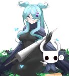  1girl 1other ? absurdres black_bodysuit blue_butterfly blue_cape blue_eyes blue_hair blush bodysuit breasts bug butterfly cape closed_mouth cosplay crossover elira_pendora grass hair_ornament hair_over_one_eye hairclip head_wings highres holding holding_sword holding_weapon hollow_knight horns juneplums knight_(hollow_knight) knight_(hollow_knight)_(cosplay) long_hair looking_at_viewer medium_breasts nijisanji nijisanji_en one_eye_covered simple_background sitting slit_pupils smile spoken_question_mark sword weapon white_background 
