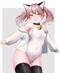  1girl :3 animal_collar animal_ear_fluff animal_ears bell breasts brown_hair cat_ears collar commentary_request contrapposto covered_navel covered_nipples cowboy_shot fang highres jingle_bell kantai_collection kirigakure_(kirigakure_tantei_jimusho) off_shoulder ryuujou_(kancolle) see-through_shirt skin_fang small_breasts solo swimsuit thighhighs twintails white_swimsuit yellow_eyes 