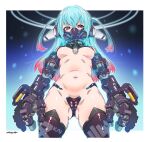  1girl ass_visible_through_thighs blue_hair breasts hair_between_eyes highres long_hair looking_at_viewer maebari mask mechanical_arms mudou_eichi navel original purple_eyes revealing_clothes solo thighhighs 