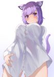  1girl :3 absurdres animal_ear_fluff animal_ears ass_visible_through_thighs bangs blunt_bangs blush breasts cat_ears cat_girl cat_tail closed_mouth dress_shirt eyebrows_visible_through_hair from_below haru_yu highres hololive large_breasts looking_at_viewer naked_shirt nekomata_okayu no_pants purple_eyes purple_hair shirt short_hair simple_background smile solo tail virtual_youtuber white_background white_shirt 