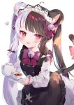  1girl :d animal_ear_fluff animal_ears apron bangs bell black_hair blush bow cat_ears cat_girl cat_tail collared_shirt cup double_bun eyebrows_visible_through_hair frilled_apron frills hair_bell hair_bow hair_ornament highres holding holding_saucer jingle_bell kemonomimi_mode looking_at_viewer maid_headdress multicolored multicolored_hair nijisanji open_mouth purple_bow red_bow red_eyes red_hair saucer shirt silver_hair simple_background skirt smile solo streaked_hair tail tail_bow tail_ornament teacup teapot toufu_mentaru_zabuton twintails two-tone_hair virtual_youtuber white_background white_shirt white_skirt yorumi_rena 