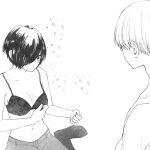  1boy 1girl :o absurdres bangs bare_arms bare_shoulders bra breasts cleavage collarbone from_side greyscale hair_over_one_eye highres kaneki_ken kirishima_touka medium_breasts mole mole_on_breast monochrome navel no_shoes shiny shiny_hair short_hair shorts simple_background sparkle stomach tokyo_ghoul tokyo_ghoul:re toukaairab underwear white_background 