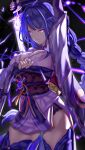  1girl bangs bare_shoulders breasts bridal_gauntlets cleavage electricity flower genshin_impact highres japanese_clothes kimono large_breasts long_hair looking_at_viewer mole mole_under_eye obi purple_eyes purple_flower purple_hair raiden_shogun sash solo thighhighs thighs uenoryoma 