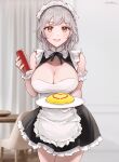  1girl bare_shoulders breasts chowbie cleavage cleavage_cutout clothing_cutout grey_hair happy highres ketchup ketchup_bottle large_breasts looking_at_viewer maid maid_headdress omelet original smile solo tray yellow_eyes 