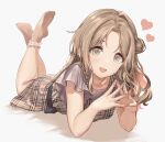  blonde_hair fingers_together frilled_legwear hair_bun heart highres ichikawa_hinana idolmaster idolmaster_shiny_colors inumantle legs_up long_hair lying nail_polish on_stomach plaid plaid_shirt shirt socks 