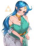  1girl :d armlet blue_eyes blue_hair blush breasts circlet cleavage dress highres karan long_hair looking_at_viewer nayru open_mouth pointy_ears simple_background smile solo strap_slip the_legend_of_zelda the_legend_of_zelda:_oracle_of_ages the_legend_of_zelda:_oracle_of_seasons triforce very_long_hair white_background 