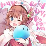  1girl alt_(ctrldel) atelier_(series) atelier_rorona blue_eyes blush brown_hair english_text happy_birthday hat highres looking_at_viewer medium_hair one_eye_closed open_mouth rororina_fryxell smile solo 