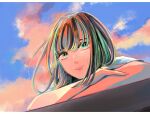  1girl absurdres aqua_eyes bangs blue_sky cloud cloudy_sky expressionless highres huge_filesize looking_at_viewer multicolored_hair original richard_(ri39p) shadow sky solo upper_body 