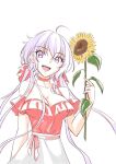  1girl ahoge arm_behind_back axia-chan bare_shoulders bow breasts choker collarbone cowboy_shot english_commentary flower long_hair looking_at_viewer purple_eyes purple_hair red_bow red_choker senki_zesshou_symphogear smile solo spaghetti_strap sunflower teeth very_long_hair white_background yukine_chris 