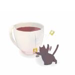  black_cat cat chai cup drink from_behind full_body leg_up no_humans original signature simple_background solo tail_raised tea teabag teacup undersized_animal waving waving_arms white_background 