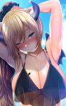  1girl adjusting_hair arms_behind_head arms_up bare_shoulders bat_wings bikini bikini_top black_bikini blonde_hair blue_eyes blush breast_tattoo breasts cleavage cloud demon_girl demon_wings fumihiko_(fu_mihi_ko) highres hololive large_breasts long_hair multicolored multicolored_eyes multicolored_hair one_eye_closed purple_pupils scrunchie see-through sky smile solo swimsuit tattoo two-tone_hair upper_body very_long_hair wet wings yuzuki_choco 