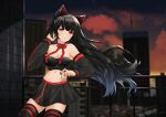  1girl absurdres black_hair black_legwear black_skirt black_tube_top blurry blurry_background breasts building city cleavage cloud cloudy_sky commission cowboy_shot crane_(machine) crymsie detached_sleeves highres lanfear large_breasts long_hair looking_at_viewer miniskirt neck_ribbon outdoors red_eyes red_neckwear ribbon second-party_source skirt sky skyscraper solo strapless thighhighs tube_top twilight very_long_hair vrchat 
