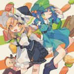  2girls apple aqua_dress aqua_jacket bandage_on_knee bandages bangs black_footwear black_headwear black_skirt black_vest blonde_hair blue_eyes blue_hair blush_stickers boots bow broom broom_riding carrot daizu_(melon-lemon) dress food fruit green_headwear hat hat_bow jacket kawashiro_nitori key kirisame_marisa long_hair looking_at_viewer low-tied_long_hair mini-hakkero multiple_girls one_eye_closed open_mouth orange_(fruit) pocket sitting skirt smile source_request star-shaped_pupils star_(symbol) symbol-shaped_pupils touhou vest white_background white_bow witch_hat yellow_eyes 