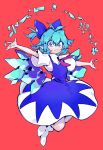  1girl :&lt; antenna_hair arlmuffin blue_bow blue_dress blue_eyes blue_hair bow cirno cirno_day dated detached_wings dress full_body hair_between_eyes hair_bow half_updo heart highres ice ice_wings looking_at_viewer medium_hair outstretched_arms purple_neckwear red_background shoes short_sleeves solo touhou white_footwear wings 