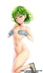 1girl alternate_costume artist_name bangs boku_no_hero_academia bottomless breasts closed_mouth cosplay covering covering_breasts curly_hair embarrassed exhibitionism flipped_hair gloves green_eyes green_hair hagakure_tooru hagakure_tooru_(cosplay) hands_over_breasts highres leg_lift navel one-punch_man sereneandsilent shiny shiny_skin shoes short_hair simple_background small_breasts solo standing standing_on_one_leg stomach tatsumaki topless white_background 