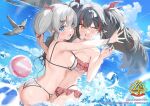  2girls ahoge alternate_costume azur_lane bangs beach bikini black_hair blue_eyes blush breasts cleavage commentary_request eyebrows_visible_through_hair hair_ornament kanzarin large_breasts long_hair multicolored_hair multiple_girls official_art open_mouth pointy_ears short_hair sideboob silver_hair swimsuit twintails two-tone_hair yellow_eyes z24_(azur_lane) z28_(azur_lane) 