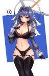  1girl bangs black_bra black_gloves black_legwear black_panties blue_eyes blue_hair bra breasts cleavage clock_hands closed_mouth collarbone detached_sleeves english_commentary gloves hair_intakes head_chain highres hololive hololive_english lace-trimmed_bra lace-trimmed_panties lace_trim large_breasts looking_at_viewer mechanical_halo navel notte ouro_kronii panties short_hair solo thigh_gap thighhighs underwear underwear_only veil virtual_youtuber 