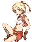  1girl bandages blonde_hair blue_eyes breasts chrono_cross e10 facial_mark gloves high_ponytail jewelry kid_(chrono_cross) long_hair looking_at_viewer midriff multi-tied_hair navel necklace panties ponytail simple_background skirt solo underwear vest white_background 