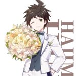  1boy absurdres ahoge bangs bouquet bow bowtie brown_eyes character_name collared_shirt commentary_request cowboy_shot danganronpa_(series) danganronpa_2:_goodbye_despair earrings flower gloves green_eyes highres hinata_hajime holding holding_bouquet jacket jewelry long_sleeves looking_at_viewer midou_(grk12138) one_eye_closed open_clothes open_jacket pants shiny shiny_hair shirt short_hair simple_background solo vest white_background white_gloves white_jacket white_pants white_shirt 
