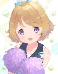  1girl bangs blue_bow bow bowl brown_hair cheerleader eichisu eyebrows_visible_through_hair flower food hair_bow heart highres koizumi_hanayo looking_at_viewer love_live! love_live!_school_idol_project onigiri open_mouth pom_pom_(cheerleading) purple_eyes rice_bowl shiny shiny_hair short_hair sleeveless smile swept_bangs 