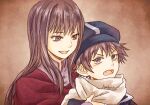  1boy 1girl ayks blue_headwear brown_background brown_eyes brown_hair fangs headwear looking_at_another mother_and_son neckwear open_mouth smile tegami_bachi zazie_winters zazie_winters&#039;_mother 