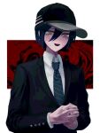  1boy :d ahoge bangs black_background black_hair black_jacket blush brown_eyes collared_shirt danganronpa_(series) danganronpa_v3:_killing_harmony green_jacket hair_between_eyes hat highres ie_(kshgnhg) interlocked_fingers jacket long_sleeves looking_at_viewer male_focus multicolored multicolored_clothes multicolored_jacket necktie official_alternate_costume open_mouth own_hands_together red_background saihara_shuuichi school_uniform shirt short_hair smile solo striped striped_neckwear two-tone_jacket upper_body white_background white_shirt 