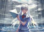  1girl bangs bow bowtie bright_pupils cloud cloudy_sky grey_hair grey_jacket grey_skirt highres holding horizon jacket long_hair original parted_lips pleated_skirt purple_eyes red_neckwear sheet_music short_sleeves skirt sky smile solo upper_body white_pupils window1228 