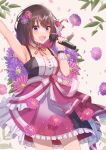  1girl :d absurdres arm_up armpits azki_(hololive) bare_arms bare_shoulders black_hair bob_cut breasts cleavage colored_inner_hair detached_collar dress eyebrows_visible_through_hair flower hair_flower hair_ornament hair_ribbon haru_yu highres hololive idol looking_at_viewer medium_breasts medium_hair multicolored_hair neck_ribbon open_mouth pink_dress pink_hair purple_eyes ribbon short_dress sleeveless sleeveless_dress smile solo virtual_youtuber wrist_cuffs 