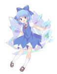  1girl :d bangs black_footwear blue_bow blue_dress blue_eyes blue_hair bow cirno cirno_day collared_shirt dress eyebrows_visible_through_hair frog frozen_frog full_body hair_bow highres ice ice_wings looking_at_viewer open_mouth pinafore_dress puffy_short_sleeves puffy_sleeves red_neckwear shirt short_hair short_sleeves simple_background smile solo tororobin touhou white_background white_legwear white_shirt wings 