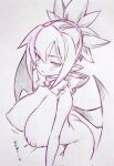  1girl bat_wings bow bowtie breasts commentary disgaea highres huge_breasts looking_at_viewer makai_senki_disgaea_2 monochrome nipples nude ponytail rozalin short_hair solo symbol-only_commentary traditional_media tsukareta_san wings 