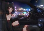  1girl animal_ears artist_name black_hair black_legwear black_skirt black_tube_top blurry breasts car_interior detached_sleeves english_commentary feet_out_of_frame from_side highres ku-ini lanfear long_hair looking_at_viewer medium_breasts midriff miniskirt neck_ribbon night red_eyes red_neckwear ribbon sitting skirt solo strapless thighhighs tube_top very_long_hair vrchat 