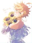  1girl ahoge bare_shoulders blush dress emma_(yakusoku_no_neverland) flower green_eyes happy_birthday highres holding holding_flower ksnyr706 looking_at_viewer looking_back orange_hair sad_smile smile solo sunflower white_background white_dress yakusoku_no_neverland 