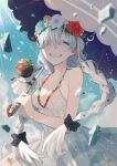  1girl anastasia_(fate) anastasia_(swimsuit_archer)_(fate) blue_eyes braid breasts dated doll fate/grand_order fate_(series) grin hair_over_one_eye head_wreath highres ice_crystal long_hair medium_breasts serisawa silver_hair smile sunlight umbrella viy_(fate) 