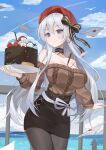  1girl absurdres aran_sweater azur_lane bare_shoulders belfast_(azur_lane) belfast_(shopping_with_the_head_maid)_(azur_lane) beret between_breasts bird black_legwear black_skirt blue_sky blueberry blush breasts brown_ribbon brown_sweater cake chibi chinese_commentary chocolate_cake cleavage closed_mouth cloud cloudy_sky cowboy_shot day detached_collar doughnut earrings envelope eyebrows_visible_through_hair food fruit hair_between_eyes hat highres holding holding_plate hoop_earrings jewelry large_breasts long_hair long_sleeves looking_at_viewer macaron miniskirt ocean off-shoulder_sweater off_shoulder official_alternate_costume outdoors pantyhose pencil_skirt plate pocky purple_eyes railing red_headwear ribbon silver_hair skirt sky smile solo starzexingze strawberry striped striped_ribbon sweater sweater_tucked_in wind 