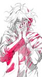  1boy absurdres bangs blood blood_on_clothes danganronpa_(series) danganronpa_2:_goodbye_despair eyebrows_visible_through_hair grin hair_between_eyes hands_on_own_face hands_up highres honjabgog_(ys_hal_sigan_x) hood jacket komaeda_nagito limited_palette long_sleeves looking_at_viewer male_focus messy_hair open_clothes open_jacket parted_lips pink_blood red_nails simple_background smile solo sweat upper_body white_background 
