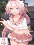  1boy animated animated_gif astolfo_(fate) blinking clothes_lift commentary demise-sama deviantart_username english_commentary fang fate/grand_order fate_(series) heart mku open_mouth otoko_no_ko outdoors pink_hair purple_eyes reference_inset school_uniform skin_fang steam_id 