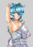  1girl 3: absurdres arm_behind_head armpits blue_eyes blue_hair blush breasts cleavage closed_mouth elira_pendora embarrassed gloves grey_jumpsuit hair_ornament hair_over_one_eye hairclip head_wings highres jumpsuit large_breasts long_hair looking_at_viewer multicolored_hair nijisanji nijisanji_en noone_twothree one_eye_covered presenting_armpit single_glove slit_pupils solo sweat two-tone_hair upper_body virtual_youtuber 