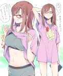  1girl breasts clothes_lift glasses green_eyes highres large_breasts long_hair long_shirt makinami_mari_illustrious midriff navel neon_genesis_evangelion no_pants nori_senbei purple_shirt rebuild_of_evangelion red-framed_eyewear shirt shirt_lift shorts smile solo sports_bra translation_request underwear 