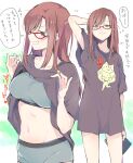  1girl breasts clothes_lift glasses green_eyes highres large_breasts long_hair long_shirt makinami_mari_illustrious midriff navel neon_genesis_evangelion no_pants nori_senbei rebuild_of_evangelion red-framed_eyewear shirt shirt_lift shorts smile solo sports_bra underwear 