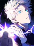  1boy black_jacket blue_eyes closed_mouth gojou_satoru hand_on_own_shoulder hand_up incoming_attack jacket jujutsu_kaisen liran_(iro) long_sleeves looking_at_viewer magic male_focus short_hair solo upper_body white_hair 